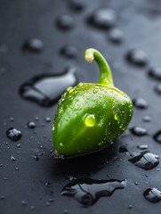 Poster - Fresh green jalapeno pepper with water droplets on dark surface showcasing its vibrant color and texture : Generative AI