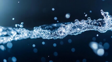 Poster - Dynamic closeup shot of splashing water droplets illuminated by soft light in a dark background : Generative AI