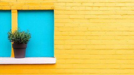 Poster - Vibrant potted plant against a colorful wall in a modern urban setting : Generative AI