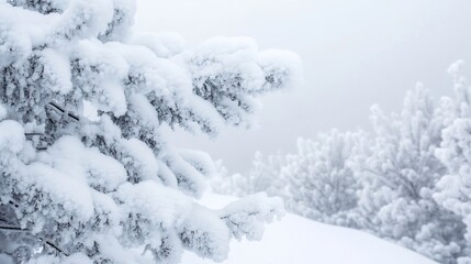 Fototapete - Closeup of Snowladen Pine Branches Glimmering Under Soft Light in a Winter Wonderland : Generative AI