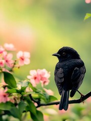 Poster - Black bird perched on a branch among pink cherry blossoms in soft sunlight : Generative AI