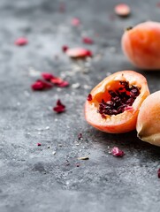 Poster - Ripe apricot halves with scattered seeds and dried petals on a textured dark background : Generative AI