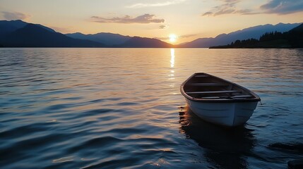 Aufkleber - Serenity of a lone boat drifting on calm water as the sun sets behind majestic mountains : Generative AI