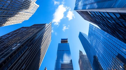 Aufkleber - Impressive view of skyscrapers towering against a bright blue sky in an urban environment : Generative AI