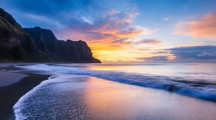 Aufkleber - Stunning sunset over the ocean with rocky cliffs creating a serene beach landscape : Generative AI