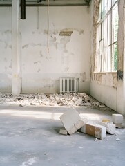 Aufkleber - Abandoned industrial space showcasing peeling walls and debris creating an eerie atmosphere : Generative AI