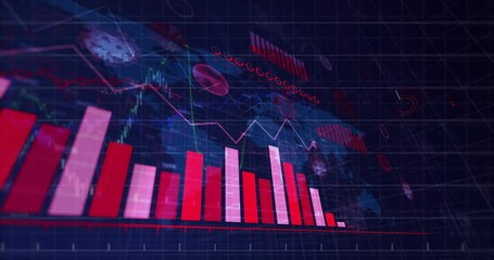 Poster - Red and white bar graphs with data processing animation over digital grid background