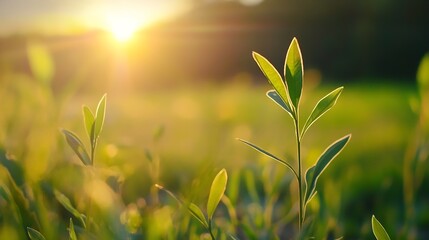 Poster - Fresh Green Sprouts Reaching Towards Bright Sunlight at Dusk : Generative AI