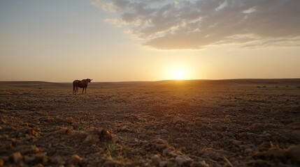 Poster - Lonely cow standing in an empty desert landscape during sunset with warm colors and clear sky : Generative AI