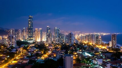 Poster - Stunning city skyline illuminated at night showcasing vibrant lights and modern architecture : Generative AI
