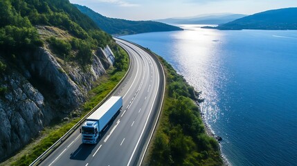 Poster - An impressive truck drives along a scenic highway beside shimmering blue water and lush greenery : Generative AI