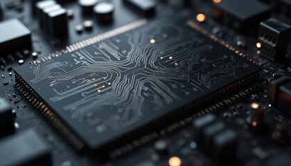 Leinwandbilder - Dark computer circuit board close-up with intricate tech design. AI ML technology hardware. Electronic digital component with processor, connections, microchips. Tech industry, modern futuristic