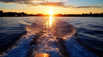 Aufkleber - Vibrant sunset reflecting off water with boat wake creating beautiful patterns on the lakes surface : Generative AI