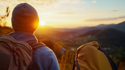 Aufkleber - Hiker enjoying sunset view atop mountain with backpacks while surrounded by breathtaking landscapes : Generative AI