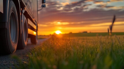 Poster - Truck wheels on a rural road during picturesque sunset with vibrant colors : Generative AI