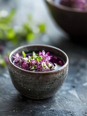 Aufkleber - Elegant ceramic cup filled with vibrant purple flowers creating a tranquil aesthetic : Generative AI