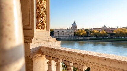 Aufkleber - Stunning view of historic architecture and dome against the serene river during sunset in a beautiful city : Generative AI