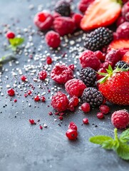 Aufkleber - A colorful mix of fresh berries including strawberries raspberries and blackberries on a textured backdrop : Generative AI