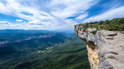 Poster - Breathtaking view from the edge of a rocky cliff overlooking a lush green valley under a blue sky : Generative AI