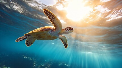 Poster - Graceful Sea Turtle Swimming Underwater with Sunlight Shining Through Water : Generative AI