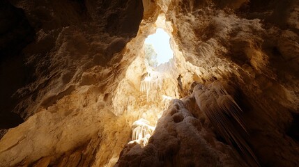 Leinwandbilder - Majestic view from the inside of a cave with sunlight streaming through a rocky ceiling : Generative AI