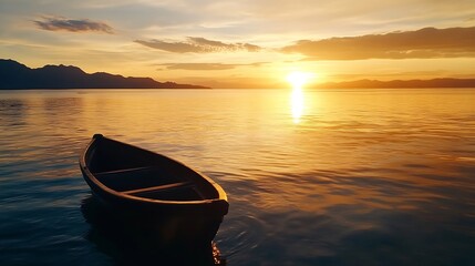 Poster - A serene wooden boat floating peacefully on calm water during a vibrant sunset at the lake : Generative AI