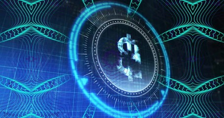 Poster - Bitcoin symbol with glowing blue patterns and geometric shapes in digital animation