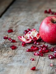 Poster - Fresh red apple on wooden table with scattered pomegranate seeds and peel showcasing vibrant colors : Generative AI