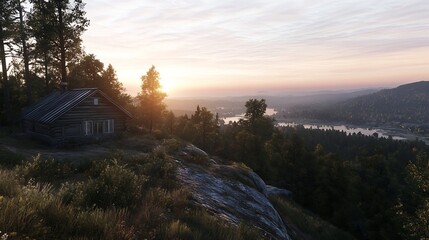 Poster - Scenic sunset view of a rustic cabin on a hillside overlooking a tranquil river landscape : Generative AI