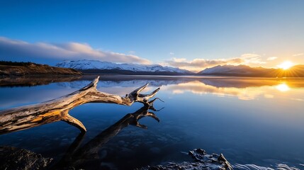 Poster - Serene view of a tranquil lake reflecting mountains and a vibrant sunset sky : Generative AI