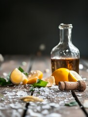 Aufkleber - Artistic composition of a clear bottle with cork and lemon slices on a wooden table amidst greenery : Generative AI