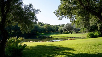 Poster - Peaceful green park scene with lush grass serene pond and vibrant trees in a sunny environment : Generative AI