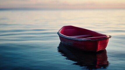 Aufkleber - Serene Red Boat Floating Calmly on Crystal Clear Water at Sunset : Generative AI