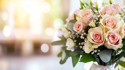 Poster - Beautiful bouquet of pastel roses surrounded by greenery with soft light in the background for elegant decor : Generative AI