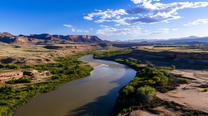 Poster - Breathtaking aerial view of a serene river flowing through a vibrant green valley in nature : Generative AI