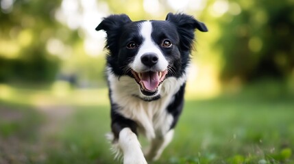 Aufkleber - Happy black and white dog running joyfully on a grassy path with sunlight filtering through trees : Generative AI