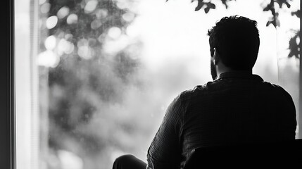 Aufkleber - Thoughtful man gazing out the window in black and white reflecting on life and solitude : Generative AI