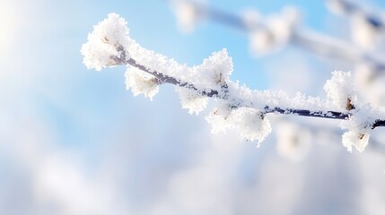 Poster - Frost Covered Tree Branch in Winter with Gleaming Snow Against a Bright Blue Sky : Generative AI