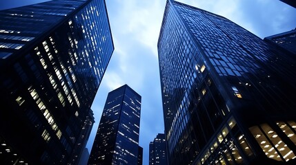 Aufkleber - Stunning view of modern skyscrapers at dusk with illuminated windows and dramatic sky : Generative AI