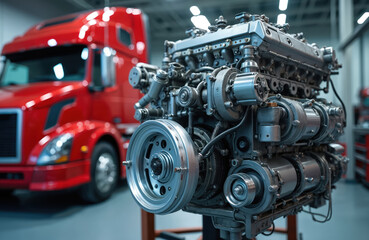 Poster - Disassembled truck engine in repair service. Heavy machinery, diesel motor vehicle part close-up. Red truck blurred background. Maintenance, repair, diagnostics in workshop. Industrial auto service.