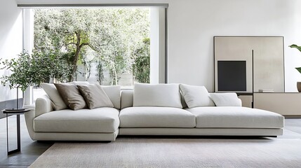 Aufkleber - Stylish contemporary living room featuring a comfortable sofa and large windows : Generative AI