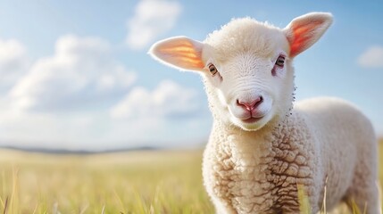 Poster - Adorable lamb standing in a vibrant green field under a bright blue sky with fluffy clouds : Generative AI