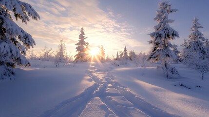 Poster - Serene winter landscape with snowcovered trees and a breathtaking sunrise in the background : Generative AI