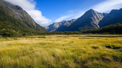 Poster - Breathtaking landscape view of rugged mountains and lush grasslands under blue sky : Generative AI