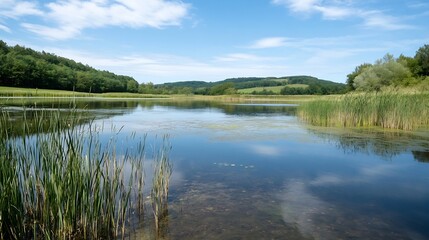 Poster - Serene view of a calm lake surrounded by lush greenery and rolling hills under a blue sky : Generative AI