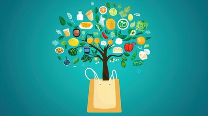 Aufkleber - Tree emerging from a grocery bag with food icons as leaves, representing sustainability and eco-friendly living in modern style