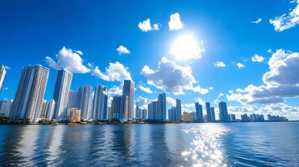 Poster - Stunning city skyline view with modern skyscrapers glimmering under bright blue sky and radiant sunlight : Generative AI