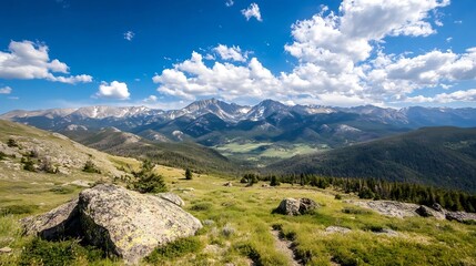 Aufkleber - Breathtaking panoramic view of majestic mountains under a bright sky filled with fluffy clouds : Generative AI