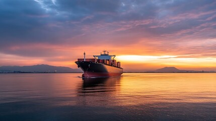 Poster - Cargo ship navigating through calm waters during a stunning sunset with mountains in the distance : Generative AI