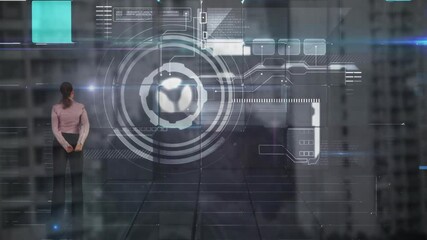 Poster - Observing futuristic holographic data display, businesswoman analyzing animation in office